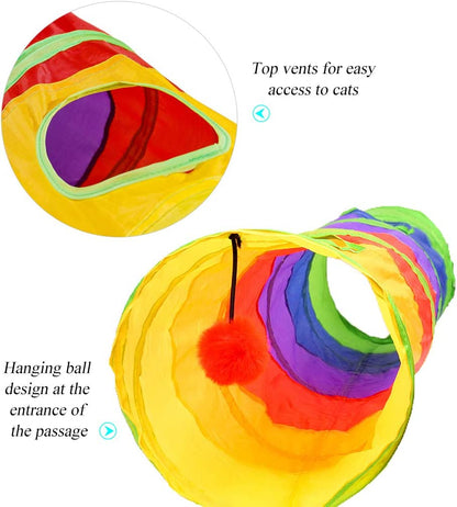 Indoor Cat Tunnel - 45" Rainbow Collapsible Tube with Interactive Ball and Dual Access Points for Kittens and Rabbits, Ideal for Exercise and Play (Colorful)