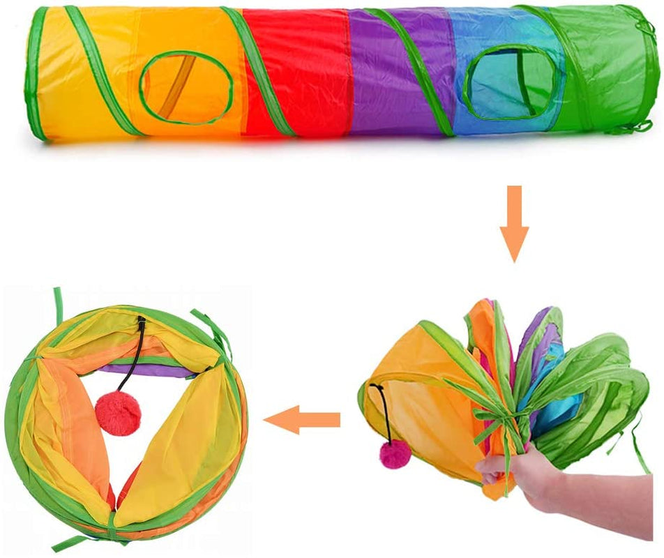 Indoor Cat Tunnel - 45" Rainbow Collapsible Tube with Interactive Ball and Dual Access Points for Kittens and Rabbits, Ideal for Exercise and Play (Colorful)