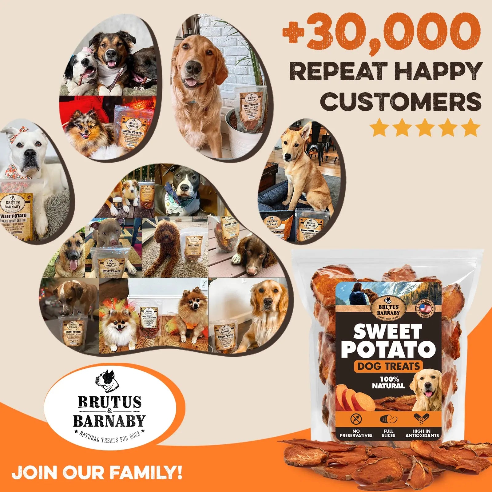 Sweet Potato Dog Treats - USA Grown - Brutus & Barnaby Single Ingredient Dehydrated Sweet Potato Slices, Thick Cut Chews, Grain & Gluten Free, High Fiber, Healthy Training Treats for Puppies & Senior Dogs, Picky Eaters & Sensitive Stomachs
