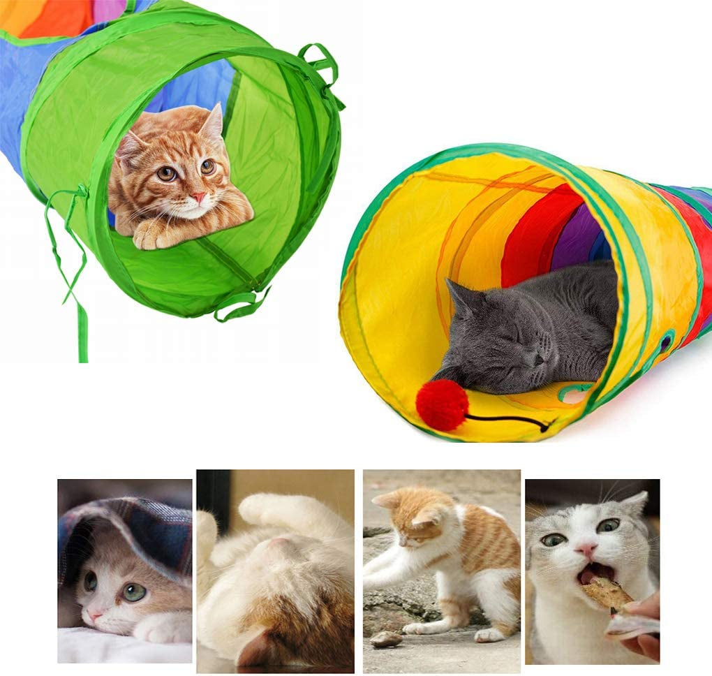 Indoor Cat Tunnel - 45" Rainbow Collapsible Tube with Interactive Ball and Dual Access Points for Kittens and Rabbits, Ideal for Exercise and Play (Colorful)
