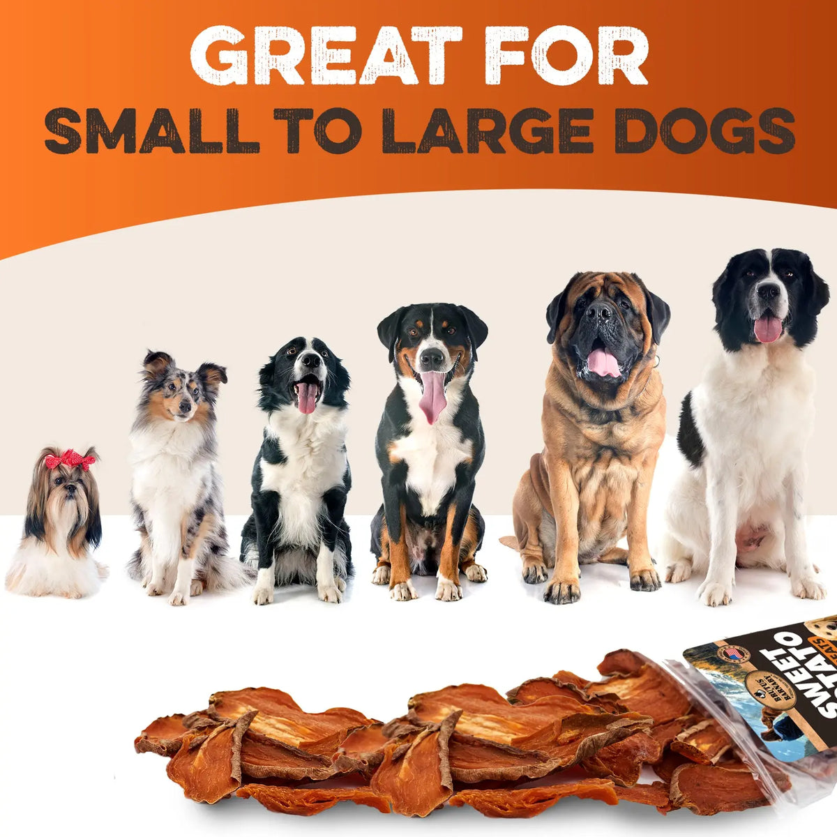 Sweet Potato Dog Treats - USA Grown - Brutus & Barnaby Single Ingredient Dehydrated Sweet Potato Slices, Thick Cut Chews, Grain & Gluten Free, High Fiber, Healthy Training Treats for Puppies & Senior Dogs, Picky Eaters & Sensitive Stomachs