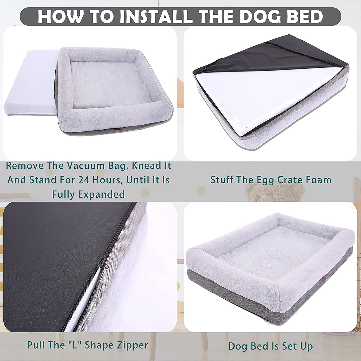 Orthopedic Medium Dog Bed with Bolster Sides, Removable Washable Cover, Non-Skid Bottom, and Egg Foam Cushion, 31 x 25 Inches, Gray