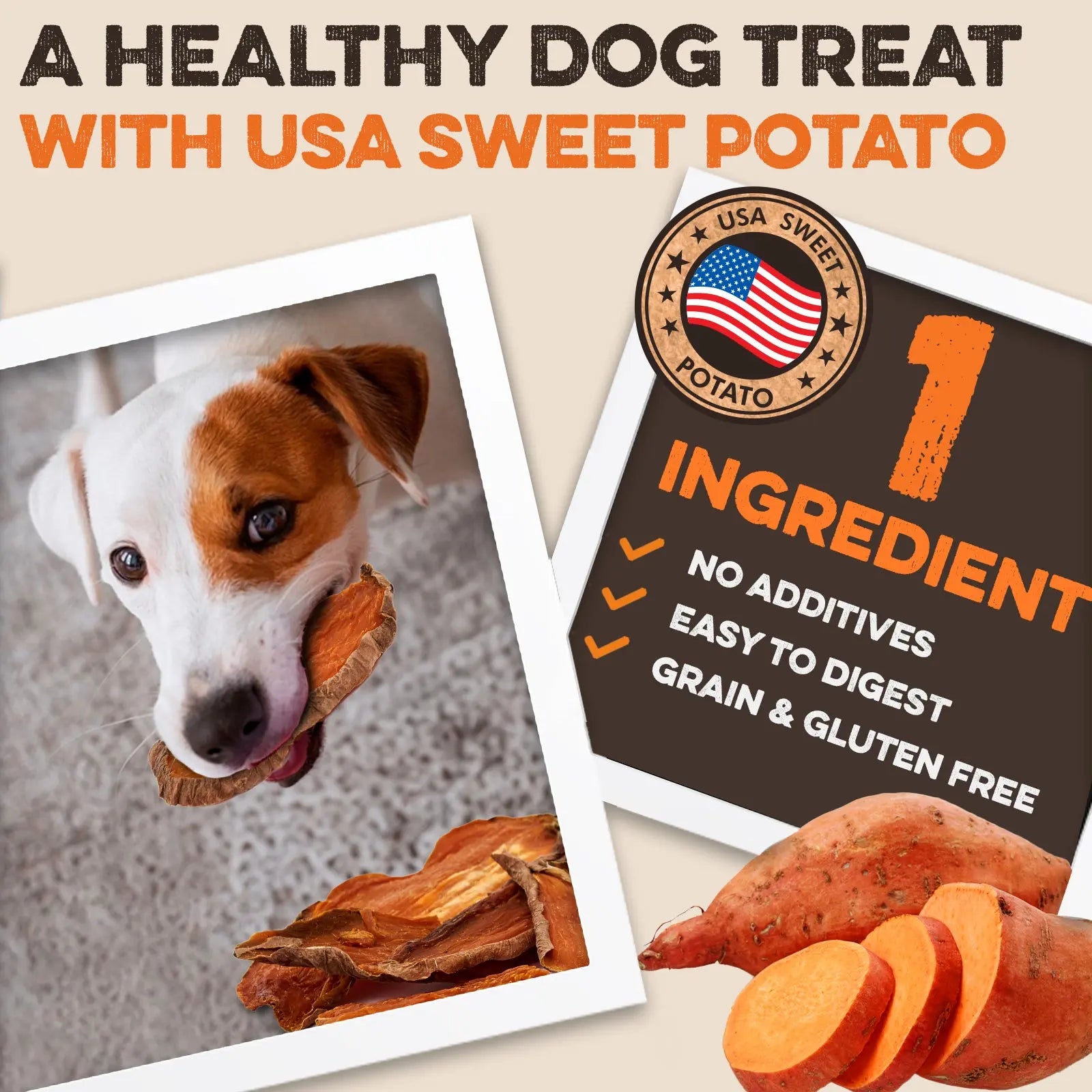 Sweet Potato Dog Treats - USA Grown - Brutus & Barnaby Single Ingredient Dehydrated Sweet Potato Slices, Thick Cut Chews, Grain & Gluten Free, High Fiber, Healthy Training Treats for Puppies & Senior Dogs, Picky Eaters & Sensitive Stomachs