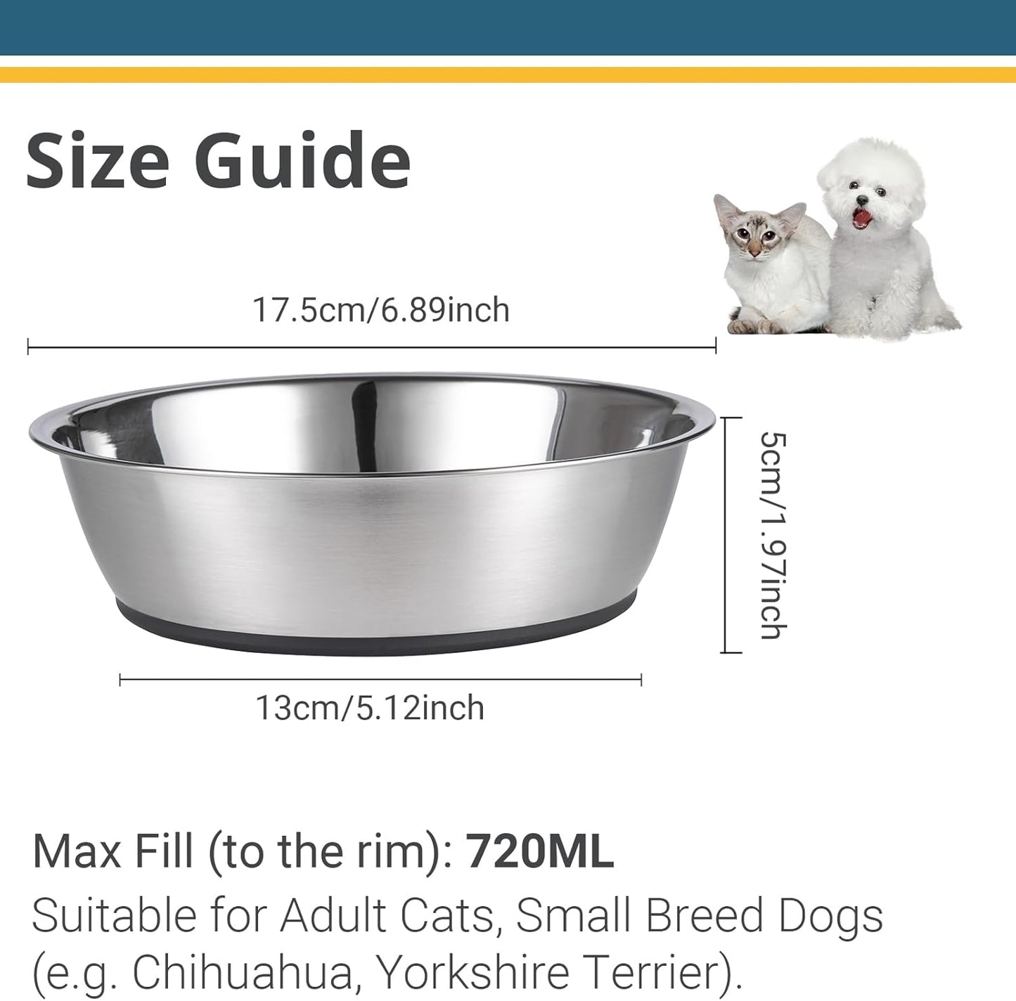 Stainless Steel Pet Bowls, 3-Cup Capacity Each, Set of 2