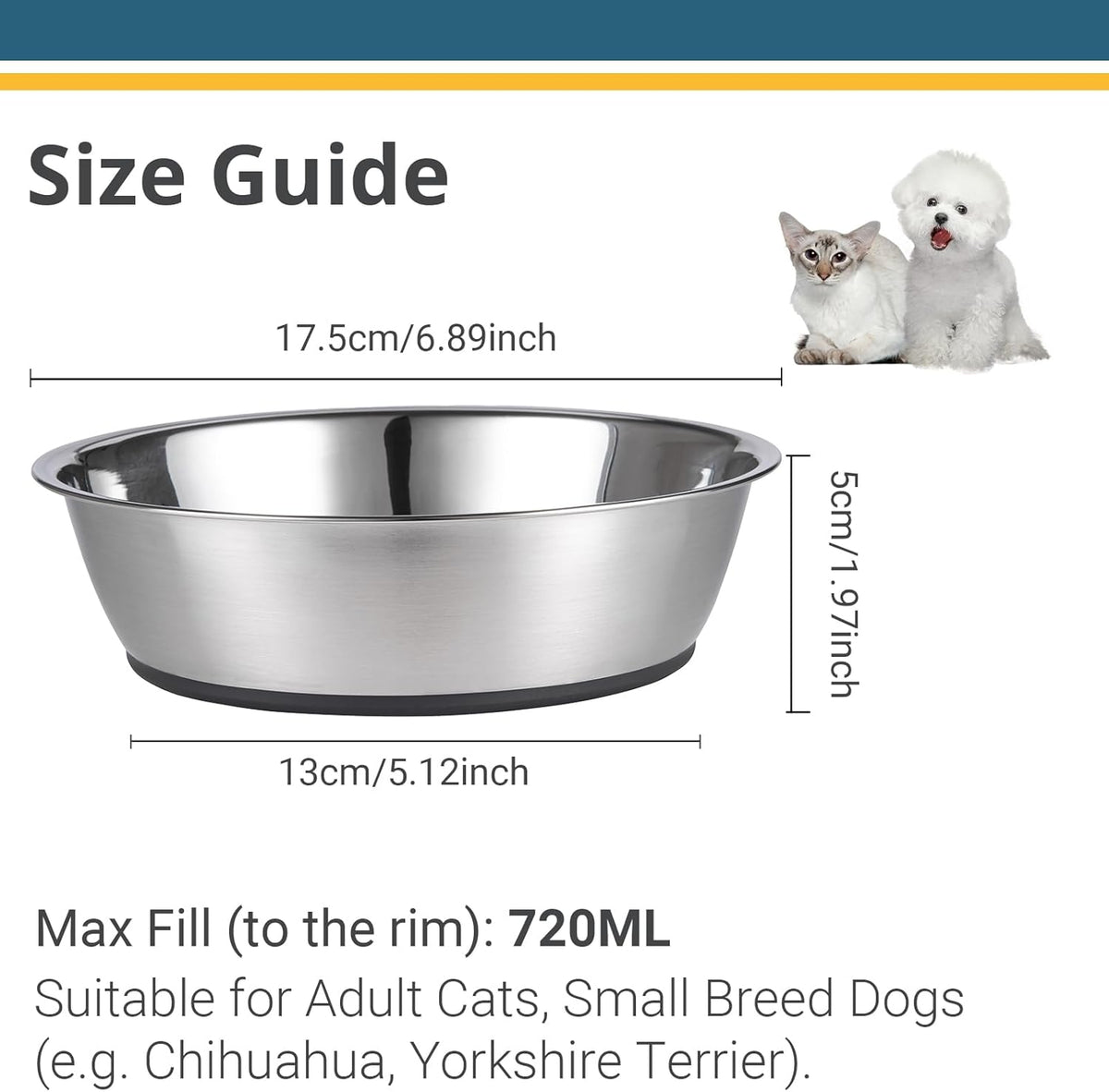 Stainless Steel Pet Bowls, 3-Cup Capacity Each, Set of 2