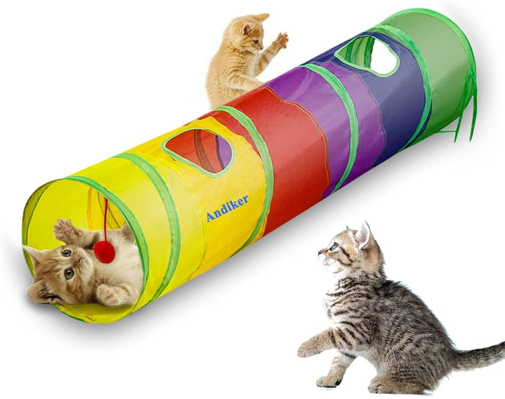 Indoor Cat Tunnel - 45" Rainbow Collapsible Tube with Interactive Ball and Dual Access Points for Kittens and Rabbits, Ideal for Exercise and Play (Colorful)