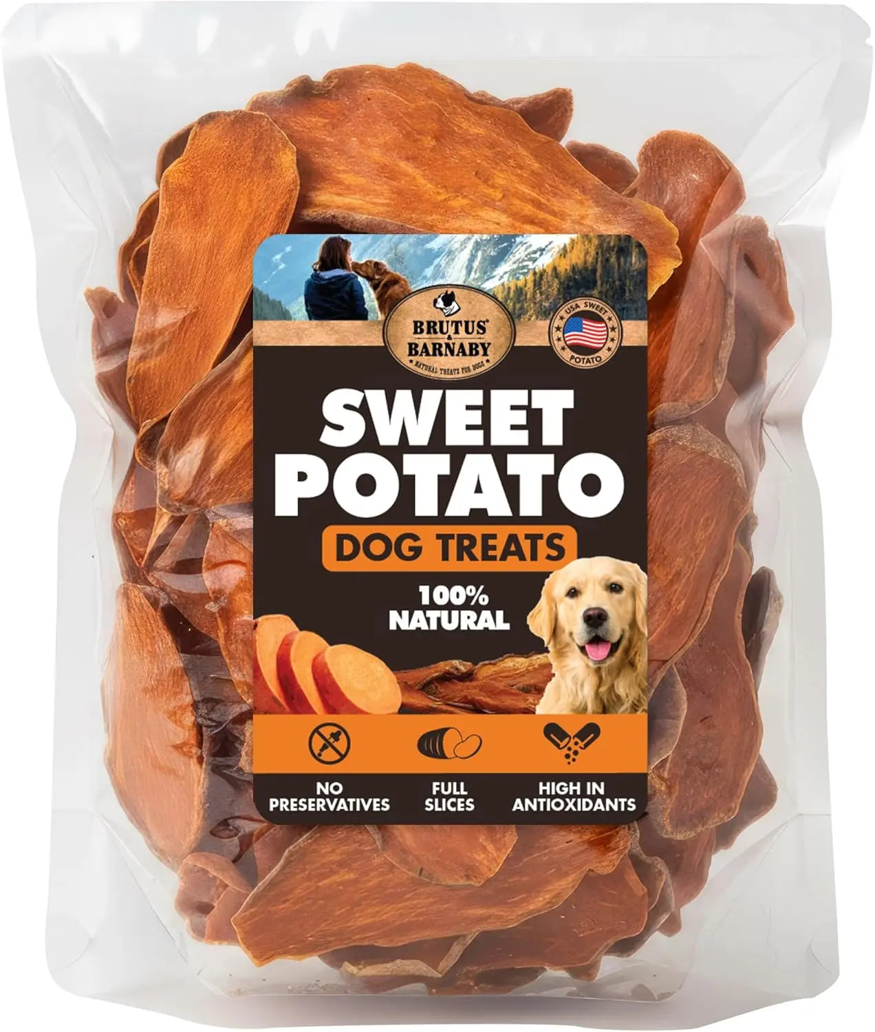 Sweet Potato Dog Treats - USA Grown - Brutus & Barnaby Single Ingredient Dehydrated Sweet Potato Slices, Thick Cut Chews, Grain & Gluten Free, High Fiber, Healthy Training Treats for Puppies & Senior Dogs, Picky Eaters & Sensitive Stomachs